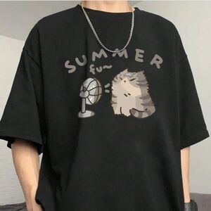 Black Graphic Tee with Cute Cat and Fan